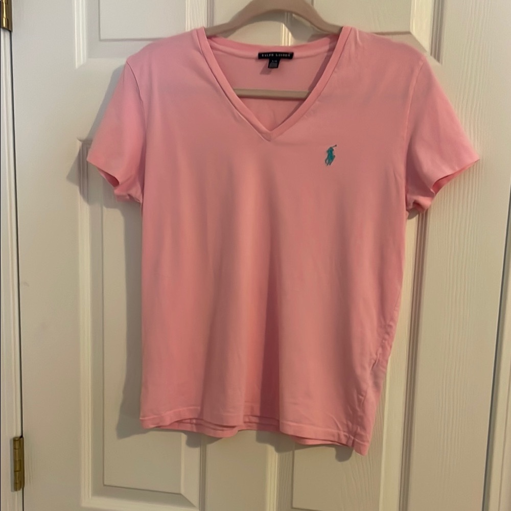 Ralph Lauren pink V-neck short sleeved top. 100% cotton. Size L.